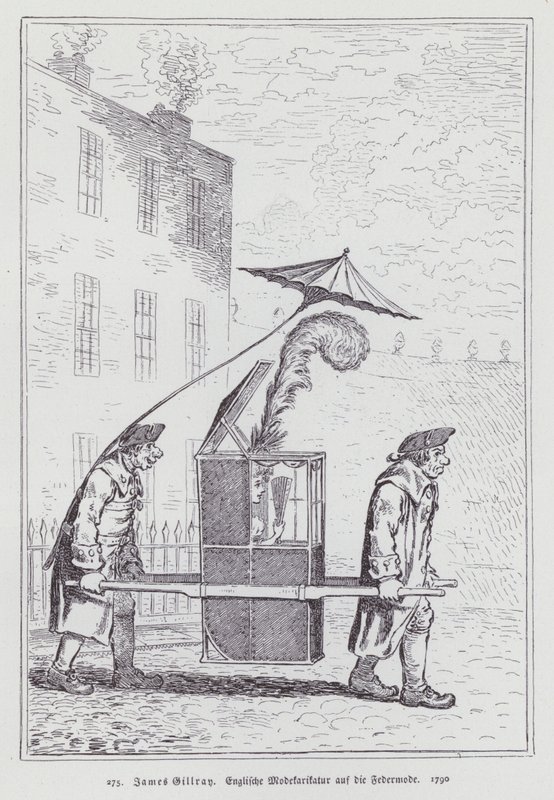 Desenho animado inglês zombando da moda para mulheres usando toucas de penas de James (after) Gillray