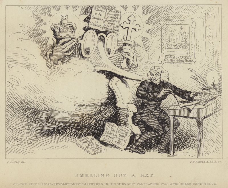 A cheirar um rato: O filósofo galês, pregador não-conformista e panfletário Richard Price assustado por um nariz gigante de óculos representando Edmund Burke o pegando no trabalho cercado de evidências de sedição contra a igreja e o estado de James (after) Gillray