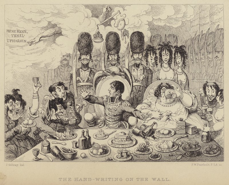 A Mão na Muralha: paródia na festa de Belshazzar retratando Napoleão e sua esposa Josefina de James (after) Gillray