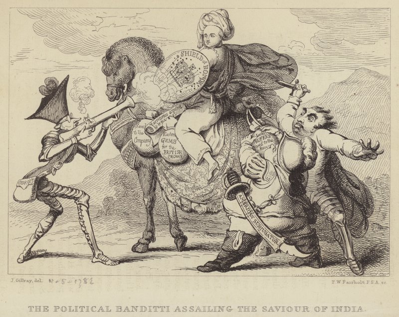 O Bandido Político que Ataca o Salvador da Índia: Warren Hastings, ex-governador de Bengala, sob ataque dos políticos Edmund Burke, Charles James Fox e Lord North de James (after) Gillray