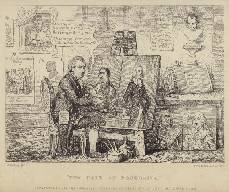 Dois Pares de Retratos: um desenho animado anti-Branco, retratando John Henry Tooke com retratos de Charles James Fox personificando o vício e William Pitt, o Jovem, representando a virtude de James (after) Gillray