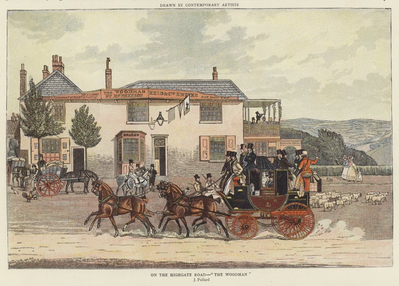 On the Highgate Road - "O Homem da Madeira" (cor litho) de James (after) Pollard