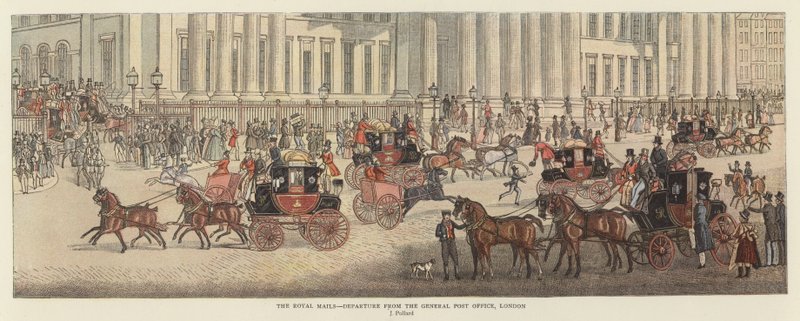 The Royal Mails - Saída do Correio Geral, Londres (cor litho) de James (after) Pollard