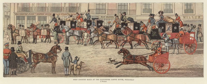 West Country Mails at the Gloucester Coffee House, Piccadilly (cor litho) de James (after) Pollard