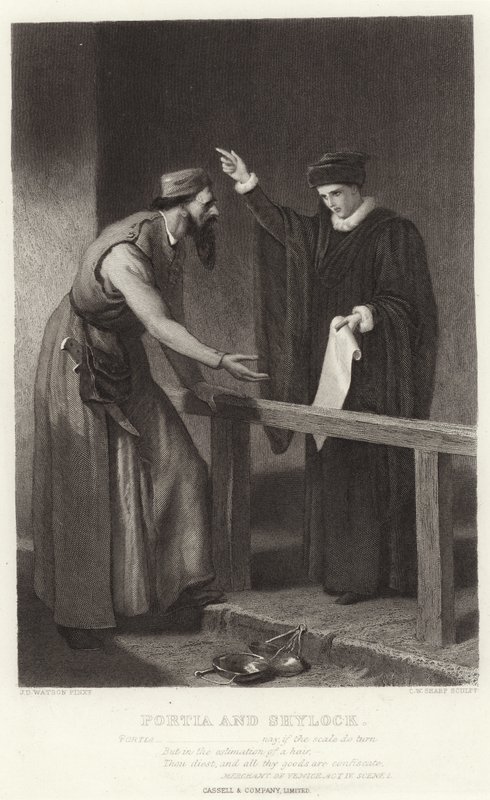 Portia e Shylock, Mercador de Veneza, Ato IV, Cena I de James Dawson Watson