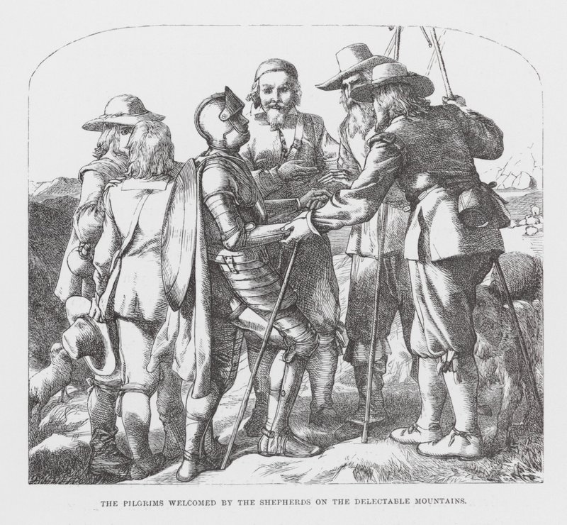 Os peregrinos acolhidos pelos pastores nas montanhas deliciosas (gravura) de James Dawson Watson