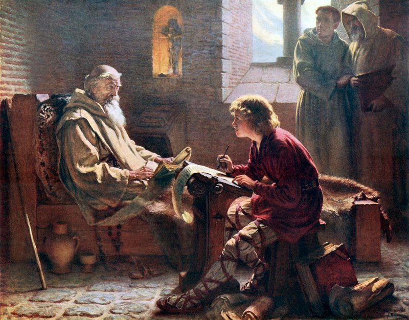 O Venerável Bede a traduzir o último capítulo de São João. The Illustration from An Outline of Christianity editado por A S Peake et al (Waverley, c 1910.) de James Doyle Penrose