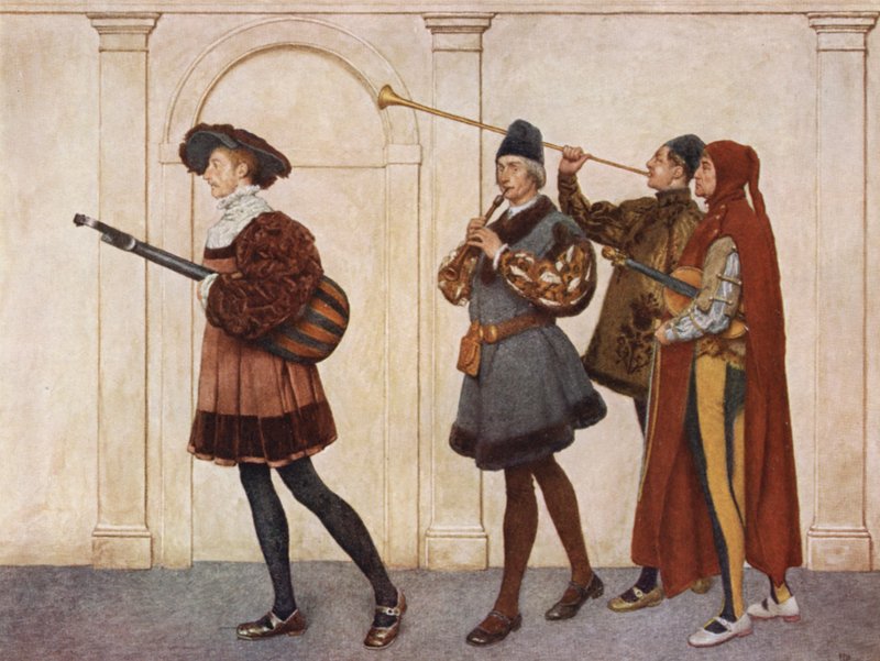 O Mercador de Veneza de Shakespeare: Entrada dos Músicos (litografia a cores) de James Dromgole Linton