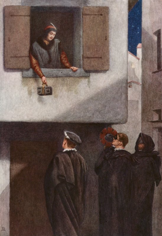 O Mercador de Veneza de Shakespeare: Jessica, Lorenzo, Gratiano e Salarino (litografia a cores) de James Dromgole Linton