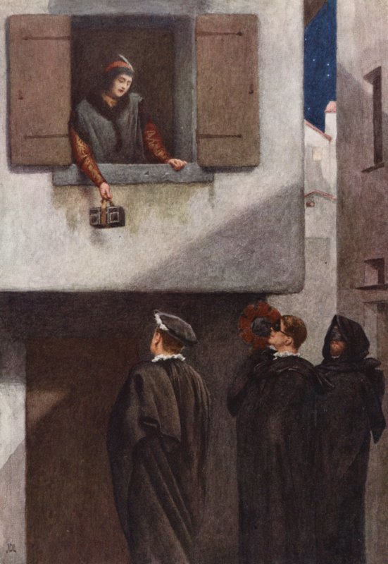 O Mercador de Veneza de Shakespeare: Jessica, Lorenzo, Gratiano e Salarino (litografia a cores) de James Dromgole Linton
