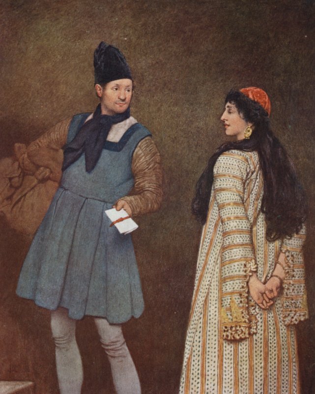O Mercador de Veneza de Shakespeare: Jessica e Launcelot (litografia a cores) de James Dromgole Linton