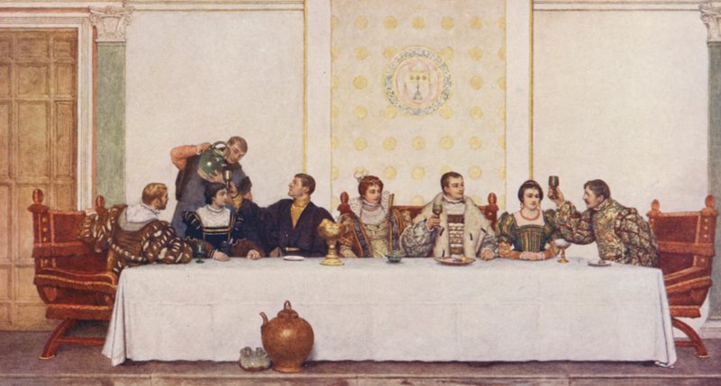 O Mercador de Veneza de Shakespeare: Lorenzo, Jessica, Antonio, Portia, Bassanio, Nerissa e Gratiano (litografia a cores) de James Dromgole Linton