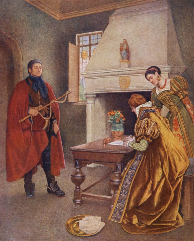 O Mercador de Veneza de Shakespeare: Pórcia, Nerissa e Baltazar (litografia a cores) de James Dromgole Linton