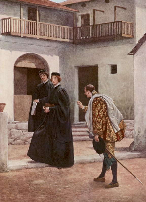 O Mercador de Veneza de Shakespeare: Pórcia, Nerissa e Gratiano (litografia a cores) de James Dromgole Linton