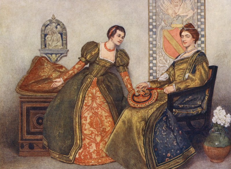 O Mercador de Veneza de Shakespeare: Pórcia e Nerissa (litografia a cores) de James Dromgole Linton