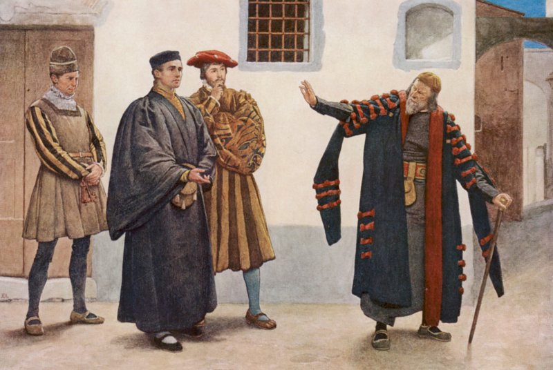 O Mercador de Veneza de Shakespeare: Shylock, António, Salarino e Gaoler (litografia a cores) de James Dromgole Linton