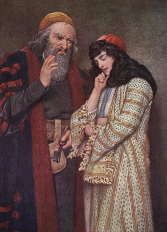 O Mercador de Veneza de Shakespeare: Shylock e Jessica (litografia a cores) de James Dromgole Linton