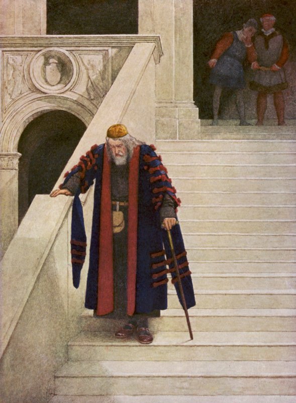 O Mercador de Veneza, de Shakespeare: Shylock a sair do Palácio Ducal (litografia a cores) de James Dromgole Linton