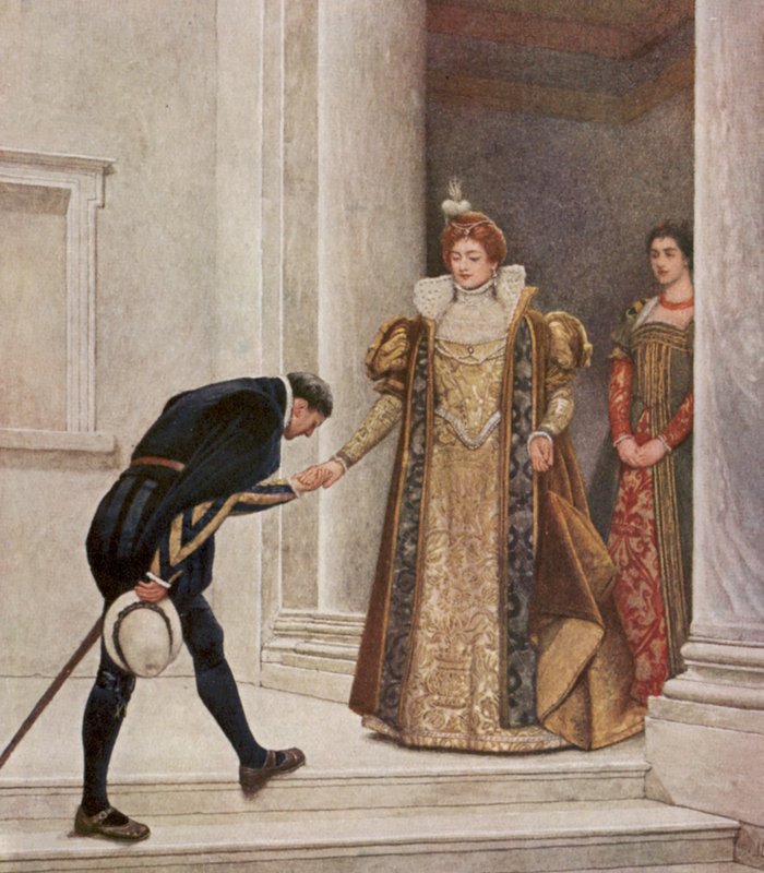 O Mercador de Veneza de Shakespeare: O Príncipe de Arragão, Pórcia e Nerissa (litografia a cores) de James Dromgole Linton