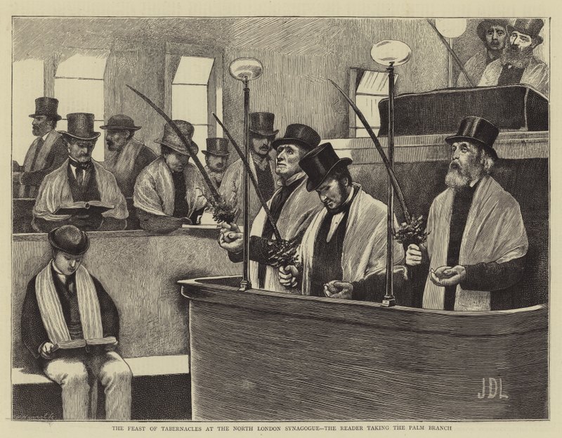A Festa dos Tabernáculos na Sinagoga do Norte de Londres, o Leitor levando o Ramo de Palma de James Dromgole Linton