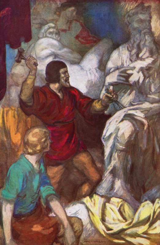 Miguel Ângelo esculpindo Moisés na rocha (litografia a cores) de James Edwin McConnell