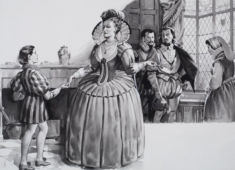 O jovem Francis Bacon e a rainha Isabel I (guache sobre papel) de James Edwin McConnell