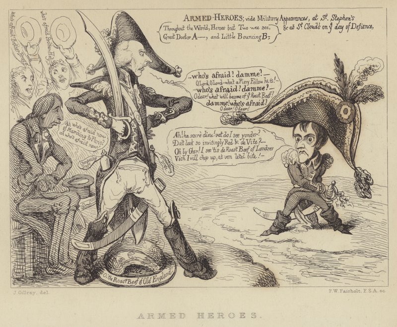 Heróis armados: o primeiro-ministro britânico Henry Addington confrontando Napoleão e a ameaça de uma invasão francesa, 1803 de James Gillray