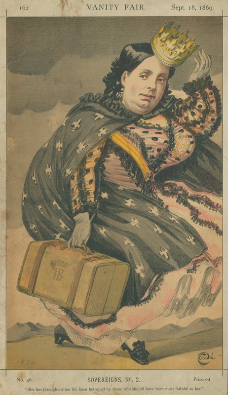Isabella II, Rainha da Espanha, Ela foi traída ao longo de sua vida por aqueles que deveriam ter sido mais fiéis a ela, 18 de setembro de 1869, cartoon da Vanity Fair de James Jacques Joseph Tissot