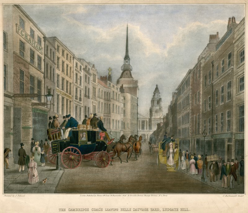 O treinador de Cambridge deixando Belle Sauvage Yard, Ludgate Hill, Londres de James Pollard