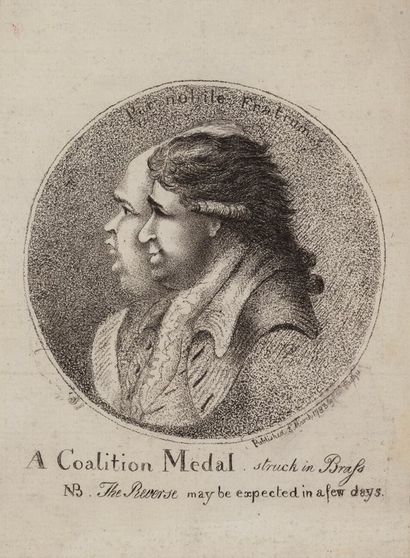 A Coalition Medal, Struck in Brass: sátira à coalizão dos políticos britânicos Lord North e Charles James Fox, 1783 de James Sayers