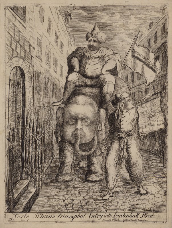 A Entrada Triunfal de Carlo Khan na Leadenhall Street: sátira sobre o político Whig Charles James Fox e as suas ambições em relação à Índia de James Sayers