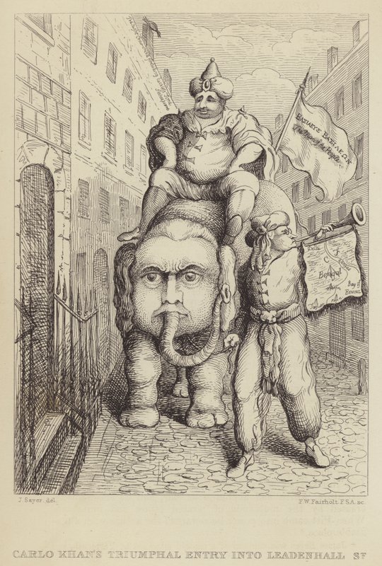 A Entrada Triunfal de Carlo Khan na Leadenhall Street: sátira sobre o político Whig Charles James Fox e as suas ambições em relação à Índia de James Sayers