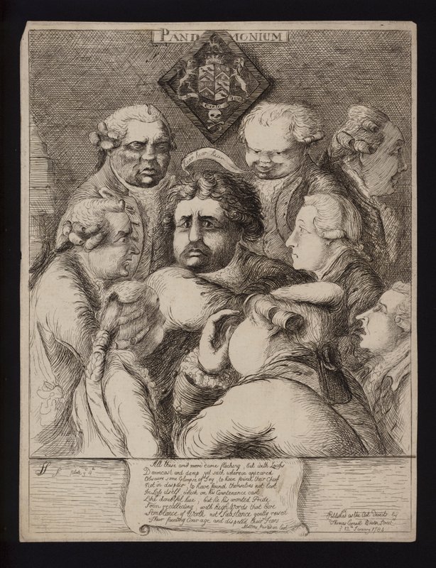 Pandemônio: sátira à instabilidade política na Grã-Bretanha após a queda da Coalizão Fox-North e sua substituição pelo governo de William Pitt, o Jovem, 1784 de James Sayers