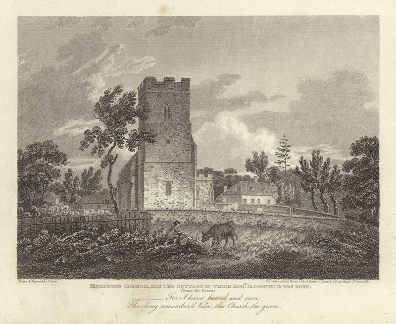 Robert Bloomfield, poeta: Honington Church, e a casa de campo em que Robert Bloomfield nasceu (gravura) de James Storer