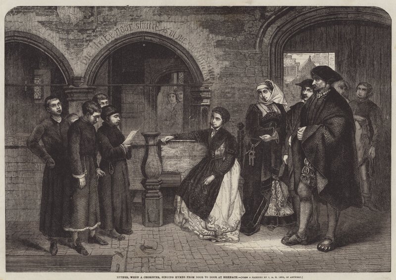 Lutero, quando um Chorister, cantando hinos de porta em porta em Eisenach de Jan August Hendrik Leys
