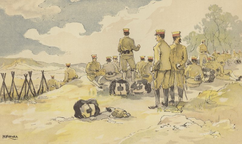 Um Batalhão da Guarda Imperial pára a caminho de Liao-yang (chromolitho) de Japanese School