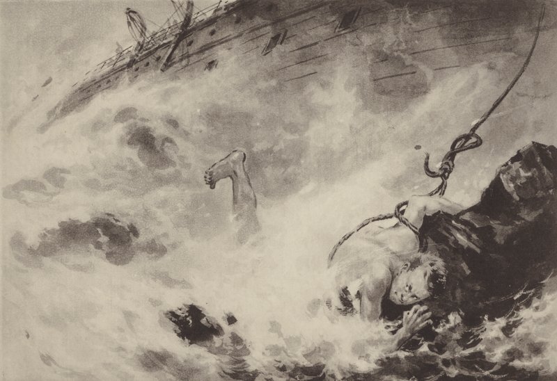 Um marinheiro japonês que vai a terra com uma corda durante um naufrágio (litho) de Japanese School