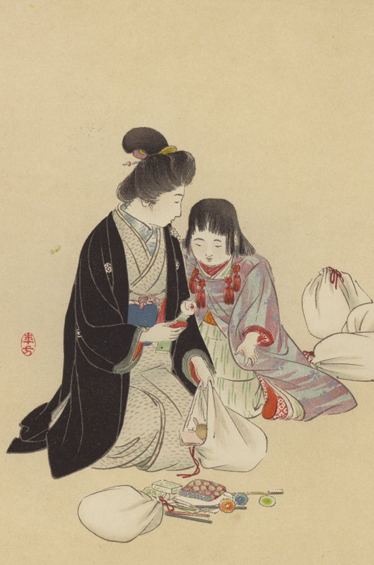 Uma Mãe e a sua Menina arranjam presentes para serem enviados para a Frente (chromolitho) de Japanese School