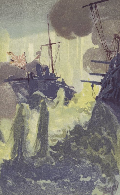 Um Ataque Nocturno por Destruidores de Torpedos Japoneses no Esquadrão Russo ao largo de Port Arthur (chromolitho) de Japanese School