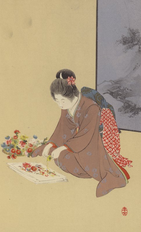Uma Jovem a brincar com Crisântemos (chromolitho) de Japanese School