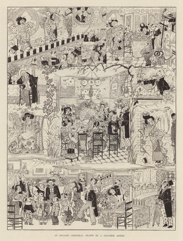 Um Natal inglês desenhado por um artista japonês (gravura) de Japanese School