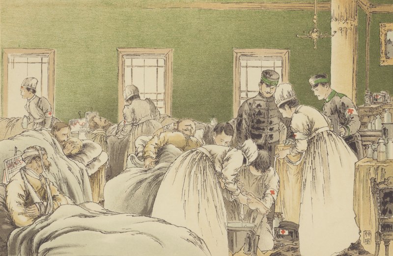 Atendimento aos feridos russos no Hospital Temporário da Sociedade da Cruz Vermelha Japonesa em Chemulpo (chromolitho) de Japanese School