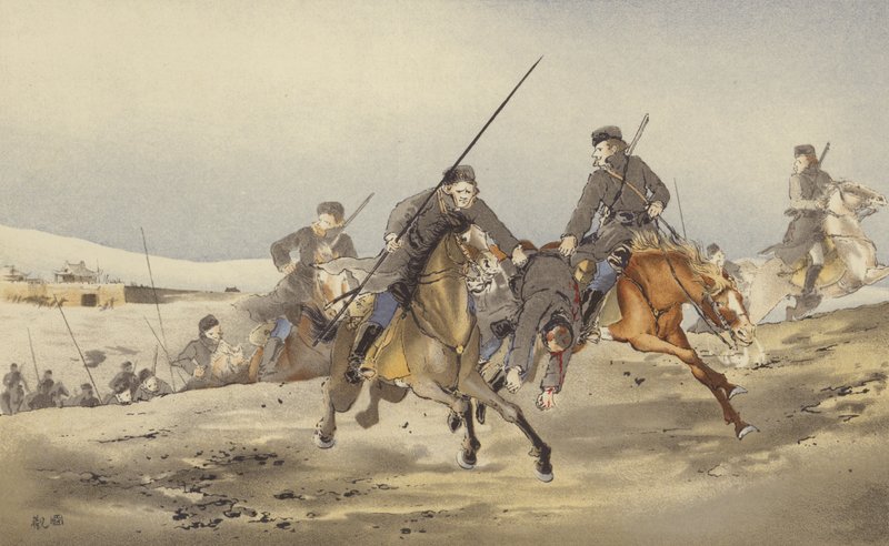 Cossacos a fugir com um Ferido (chromolitho) de Japanese School