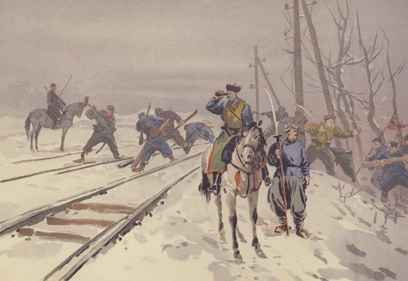 Destruição da Estrada de Ferro Manchurian por um grupo de ladrões de Hunhutse (chromolitho) de Japanese School