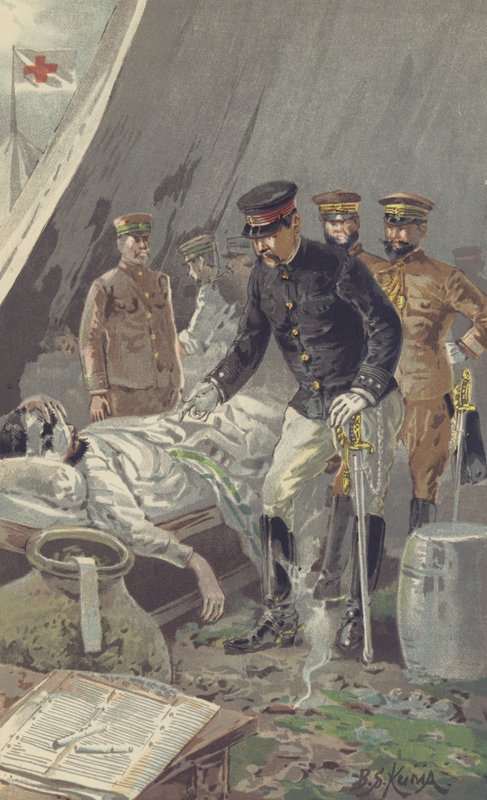 General Príncipe Fushimi consolando um Soldado Ferido após a Feroz Batalha de Nanshan (chromolitho) de Japanese School