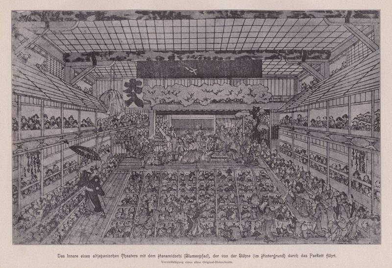 Interior de um teatro tradicional japonês Kabuki mostrando o Hanamichi correndo através do público desde o fundo do teatro até o palco (litho) de Japanese School