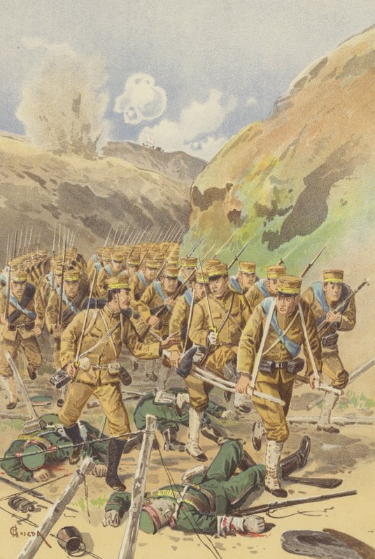 O Tenente Takagi pede autorização ao seu Comandante de Brigada para avançar (chromolitho) de Japanese School