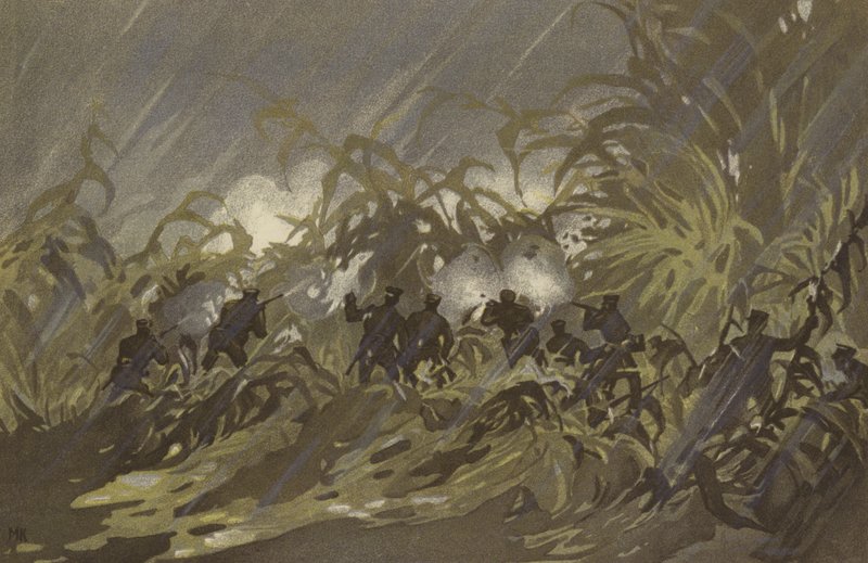 Os nossos soldados de infantaria escaramuça num Campo de Millet perto de Liao-yang (chromolitho) de Japanese School