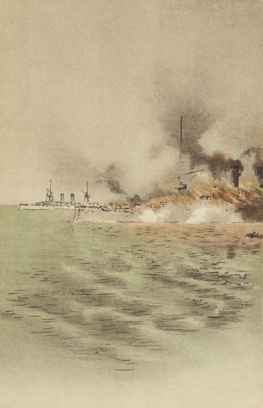 A Varyag pegou fogo à sua própria tripulação para impedir a captura em Chemulpo (chromolitho) de Japanese School