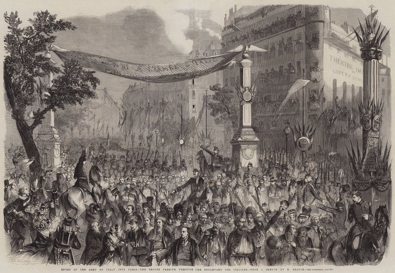 Entrada do exército da Itália em Paris, as tropas passando pelo Boulevard des Italiens de Jean Adolphe Beauce